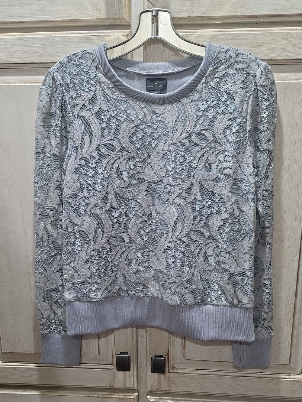 Worthington Light Gray Lace Overlay Pullover Sweatshirt